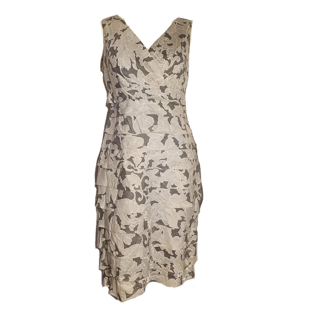 Dressbarn Dress Womens Size 8 Gray Grey‎ Sleeveless Floral Tiered Zip Back Shiny